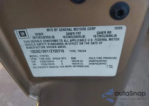 2001 Chevrolet Silverado 1500 Ls из США, поврежденный, VIN 1GCEC19V11Z155719